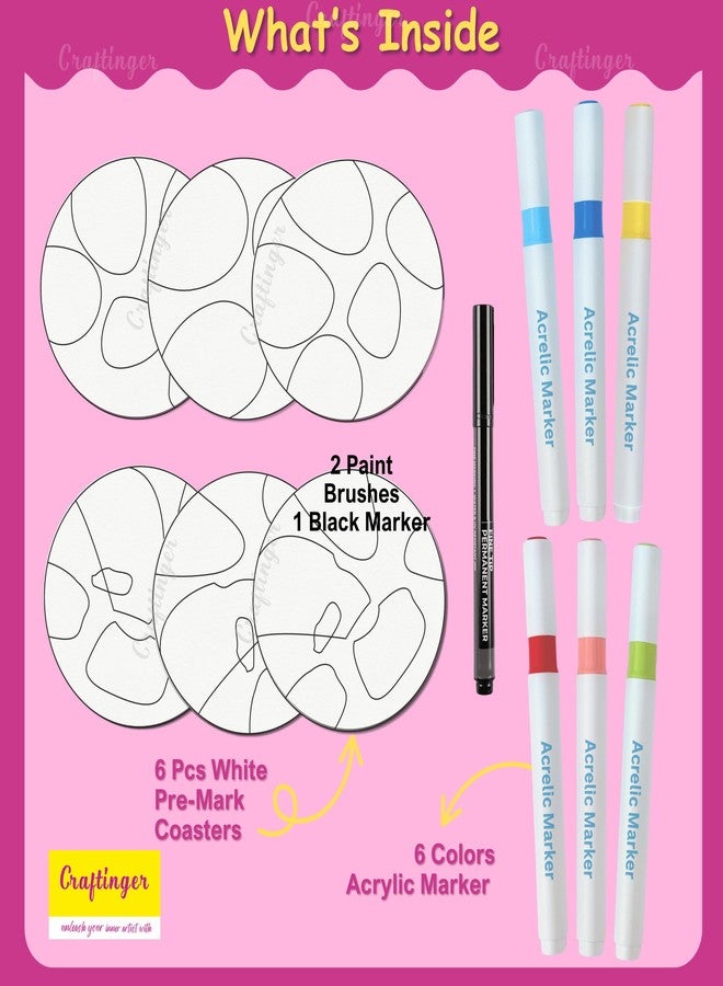 Craftinger Modern Abstract Coaster Painting Kit for Kids & Adults | 6 Pre-Marked Coasters with 6 Acrylic Markers | DIY Art & Craft Set | Fun & Creative Activity for Children Gift for Boys & Girls, Home, Office, Activity, Coloring Tea Cup Table Birthday Kitchen - Image 2